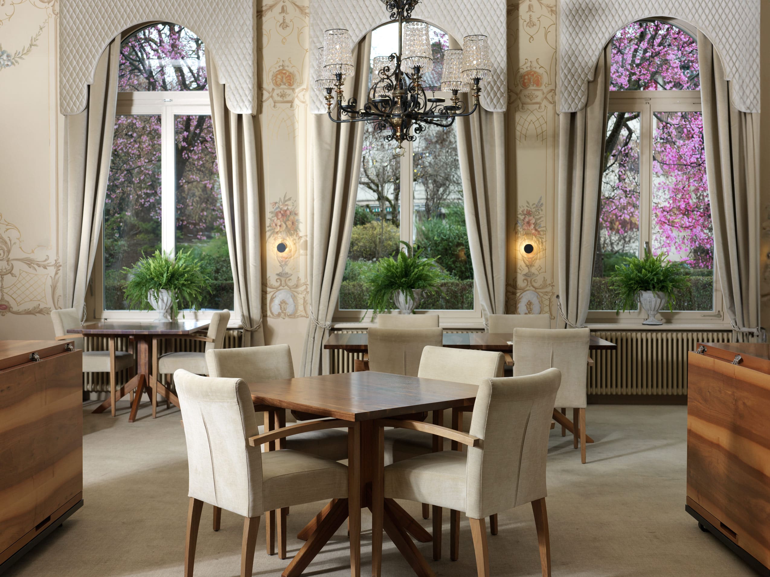 Salle à manger élégante avec des murs beige clair, des chaises crème autour de tables en bois, de grandes fenêtres encadrées de rideaux, des plantes vertes en pot sur les rebords de fenêtre et un lustre noir suspendu au plafond. Des arbres roses sont visibles à l'extérieur.