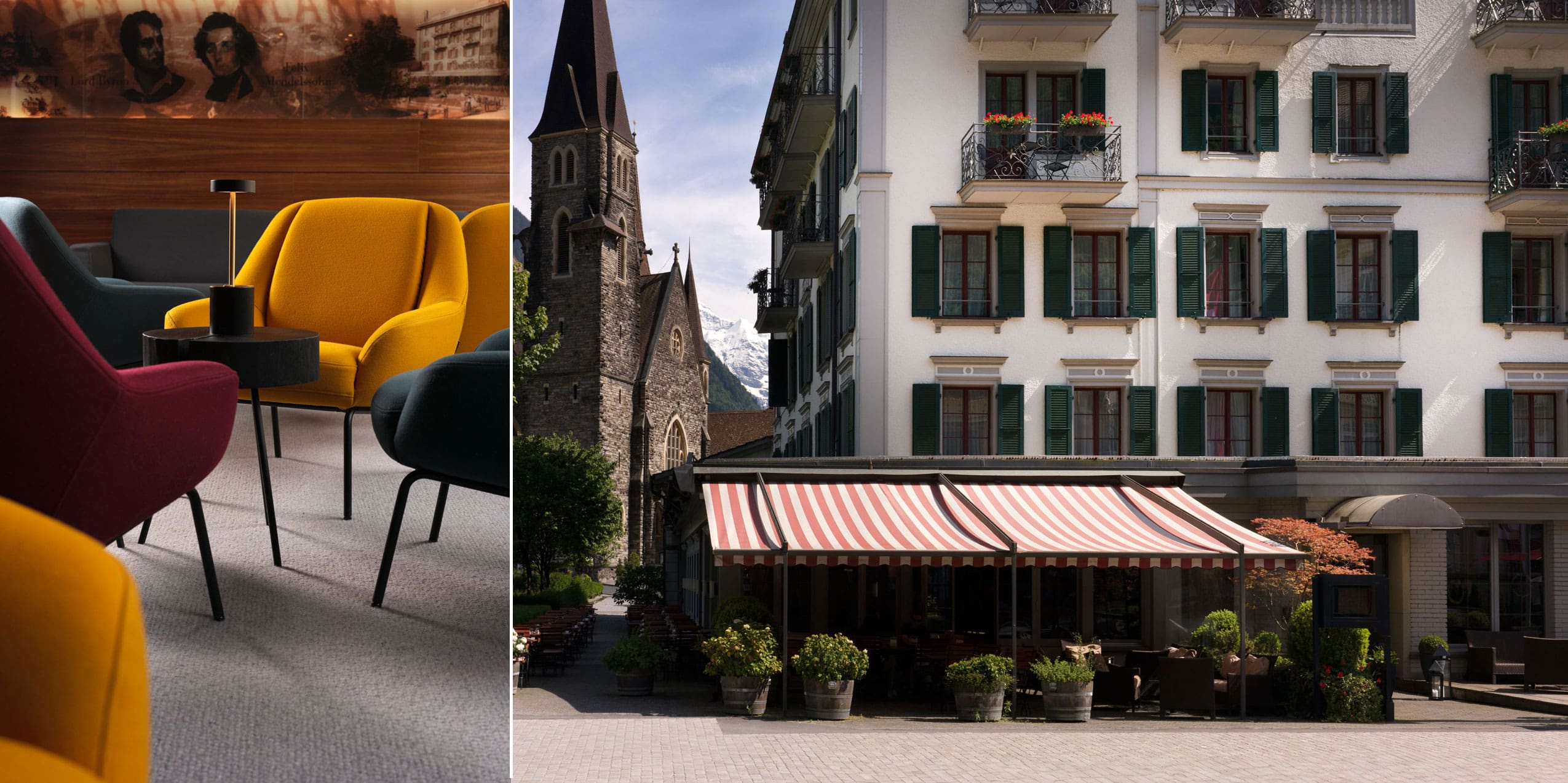 Geteiltes Bild: Links: moderne Loungesessel und ein kleiner Tisch in einem stilvollen Zimmer. Rechts ein europäisches Hotel mit gestreiften Markisen, Balkonen und einer Kirche mit einem hohen Kirchturm in der Nähe.