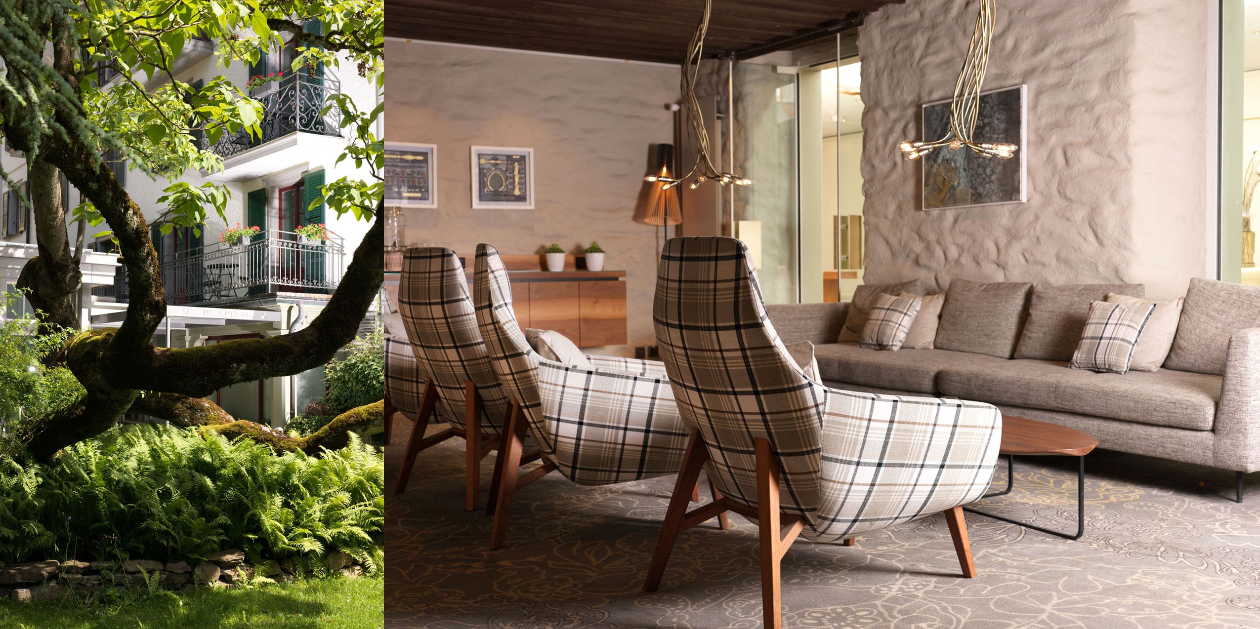 Ein geteiltes Bild, das links einen üppigen Garten mit einem großen Baum und Grünpflanzen und rechts ein gemütliches, modernes Wohnzimmer mit karierten Stühlen, einem beigen Sofa und warmer Beleuchtung zeigt.