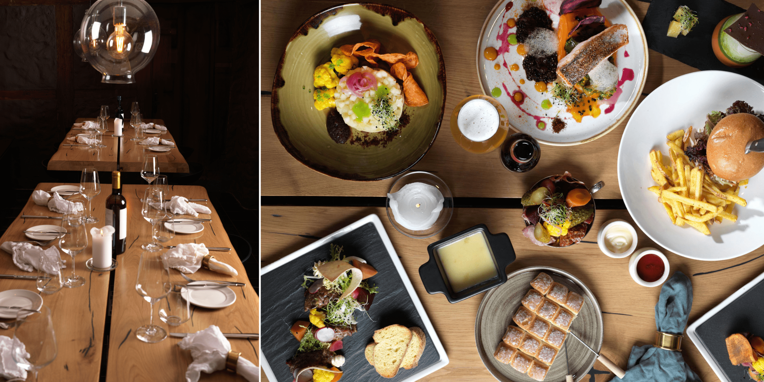 A wooden dining table set for a meal with wine glasses and napkins, next to an overhead view of various plated dishes, including burgers, fries, steak, salad, and bread on wooden and ceramic plates.